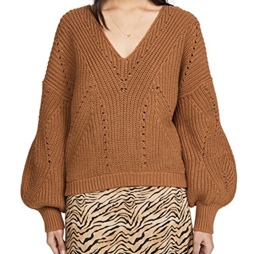 Free People All Day Long Sweater Brown Oversized Cropped V Neck Balloon Sleeves